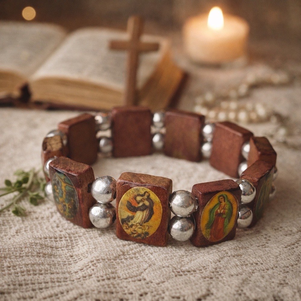 Estate Wooden Bracelet with Silver Beads